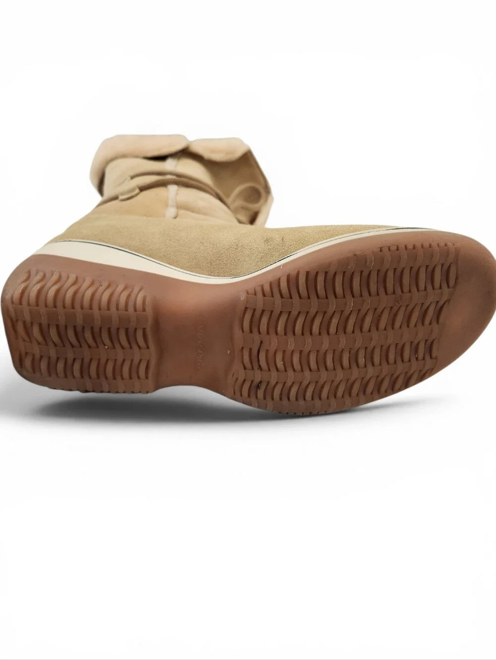 Via Spiga Tan Suede Shearling-Trim Wedge Rain Boots